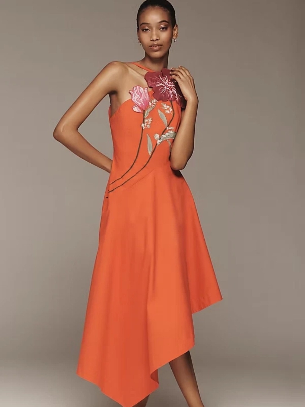 Anthropologie Orange Maxi Dress with Pink Floral Appliqué - Picture 2 of 3
